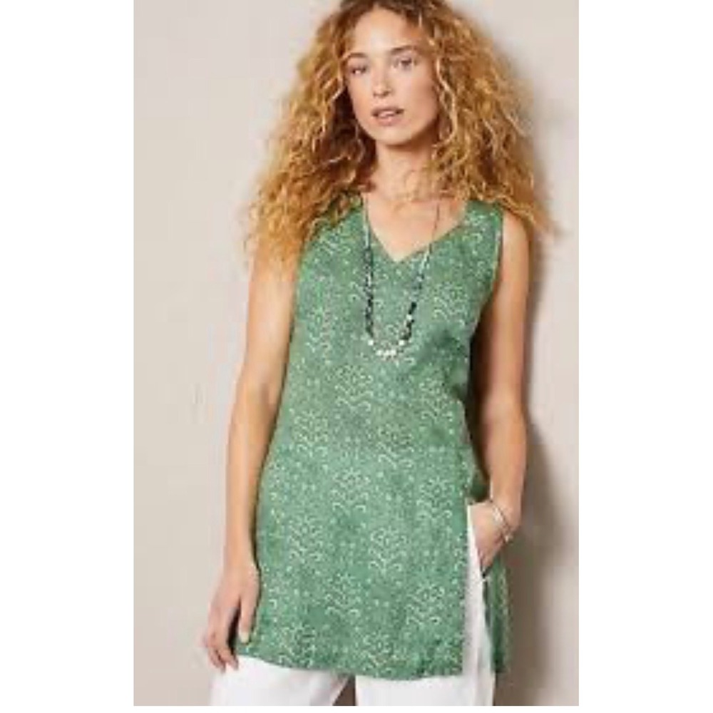 Pure Jill Elements Womens Large Green Linen Damask Print V-Neck Tunic Top
